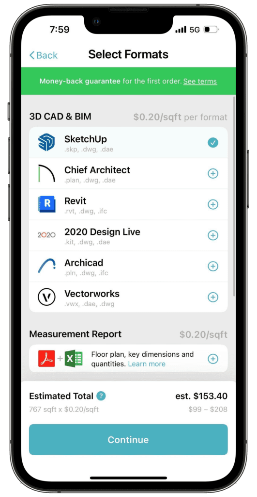 Format selection with estimate in iPhone Pro