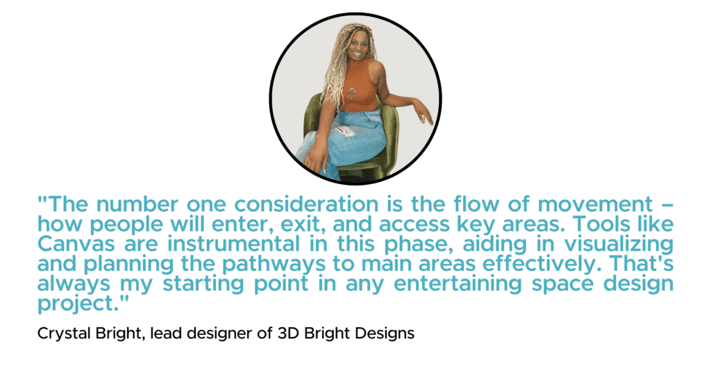 "The number one consideration is the flow of movement – how people will enter, exit, and access key areas. Tools like Twindo are instrumental in this phase, aiding in visualizing and planning the pathways to main areas effectively. That's always my starting point in any entertaining space design project." - Crystal Bright